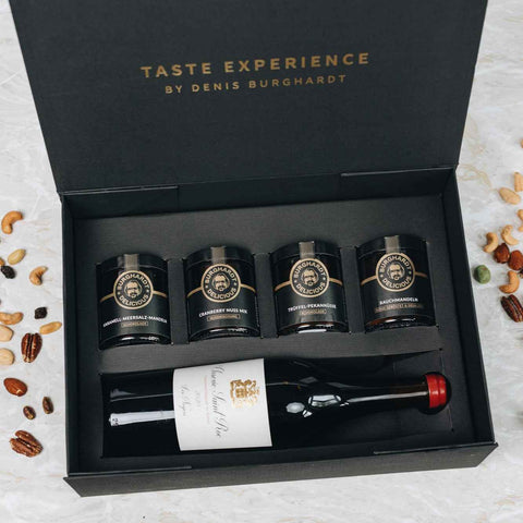 Weihnachts Geschenkbox Gourmet & Wein Genuss (4 Glasdosen + Champagner)