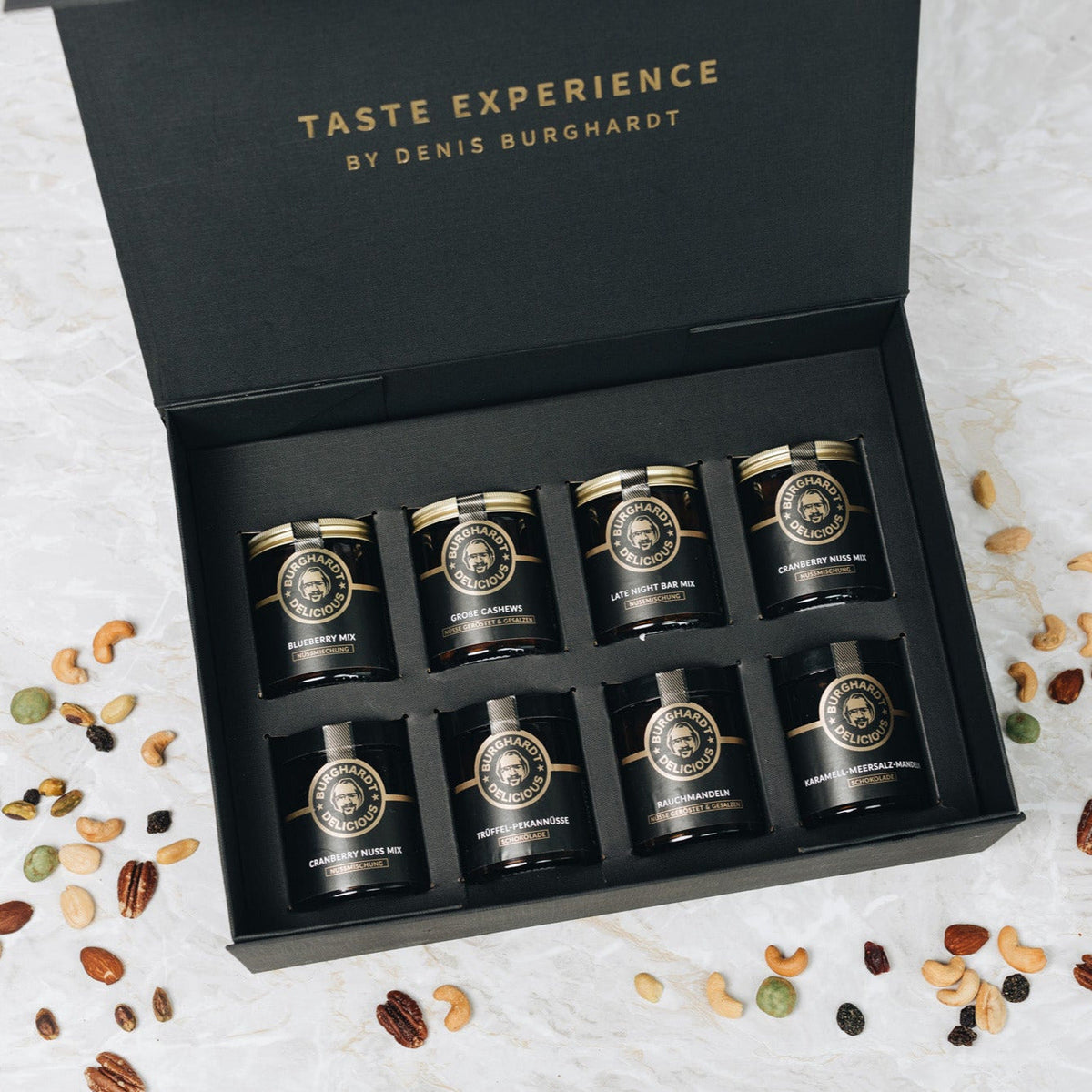 Schwarze Geschenkbox mit Premium Glasdosen von Burghardt Delicious