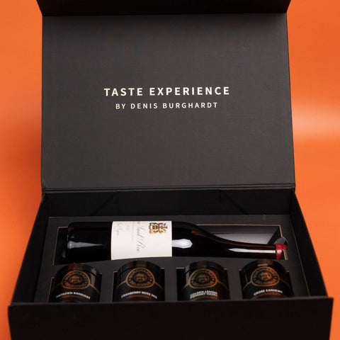 Jubiläums Geschenkbox Gourmet & Wein Genuss (4 Glasdosen & Chamagner) - Burghardt Delicious