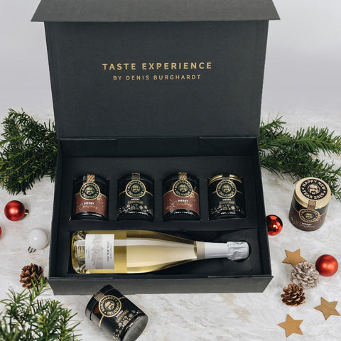 Weihnachts Geschenkbox Gourmet & Wein Genuss (4 Glasdosen + Champagner)